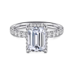 Hidden Halo and Side Stone Diamond Semi Mount Emerald Engagement Ring