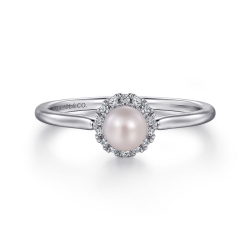 14K White Gold Pearl Ring with Diamond Halo