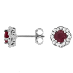 14k White Gold Ruby and Diamond Floral Halo Earrings